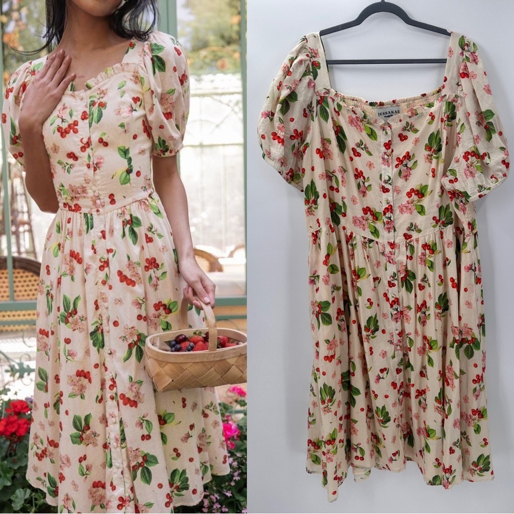 JessaKae Cream Cherry Print Midi Dress